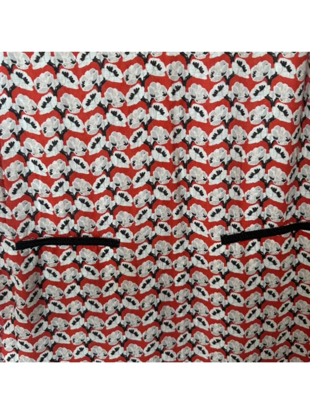 Tory Burch Women Red Floral 100% Linen Black Trim Tunic Top Size XS